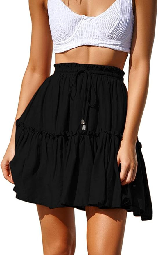 Amazon.com: Arjungo Women's Floral Print High Waist with Drawstring Ruffle Flared Boho A Line Ska... | Amazon (US)