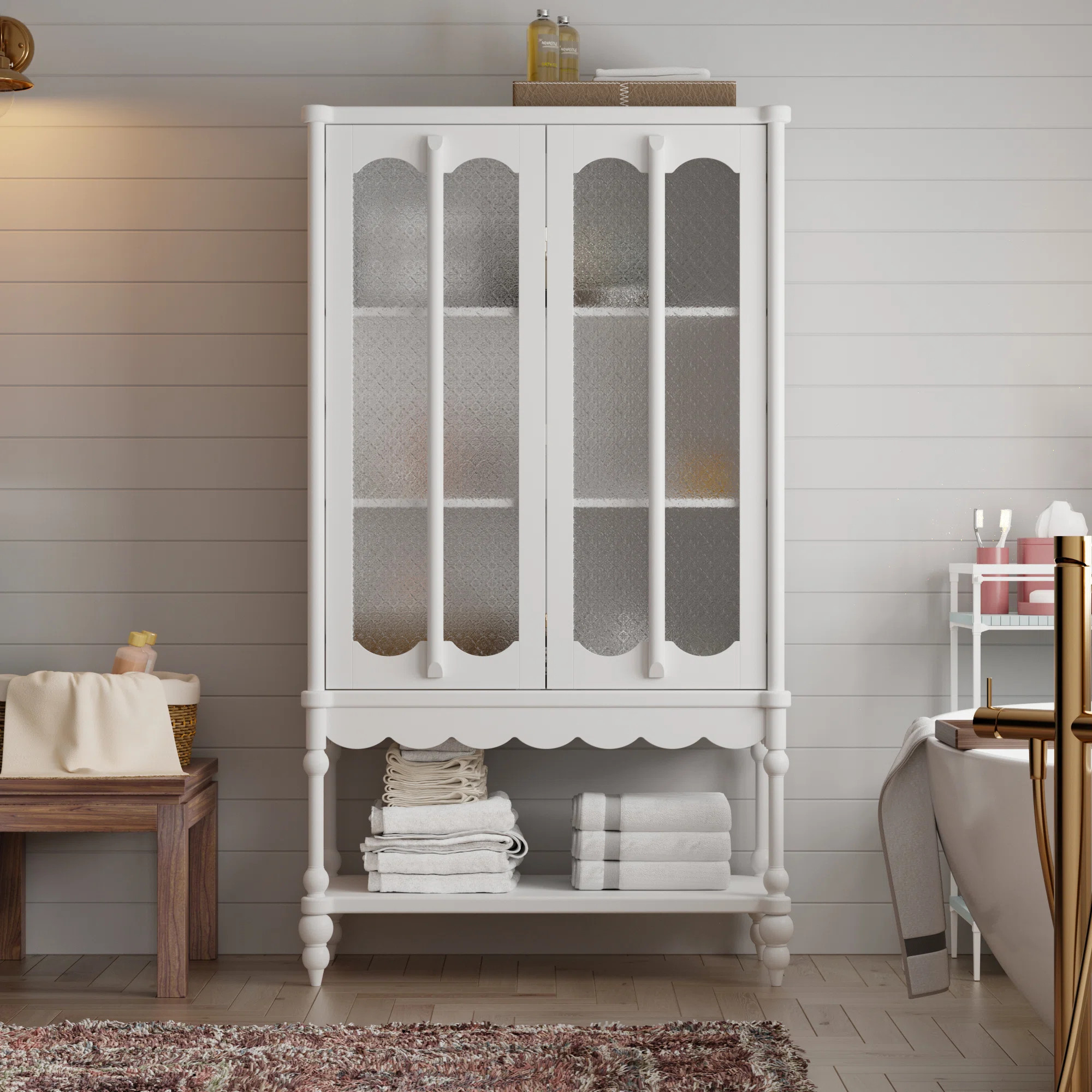 Bathroom Linen Cabinet With Begonia-Style Tempered Glass Doors And Rubber Solid Wood Legs | Wayfair North America