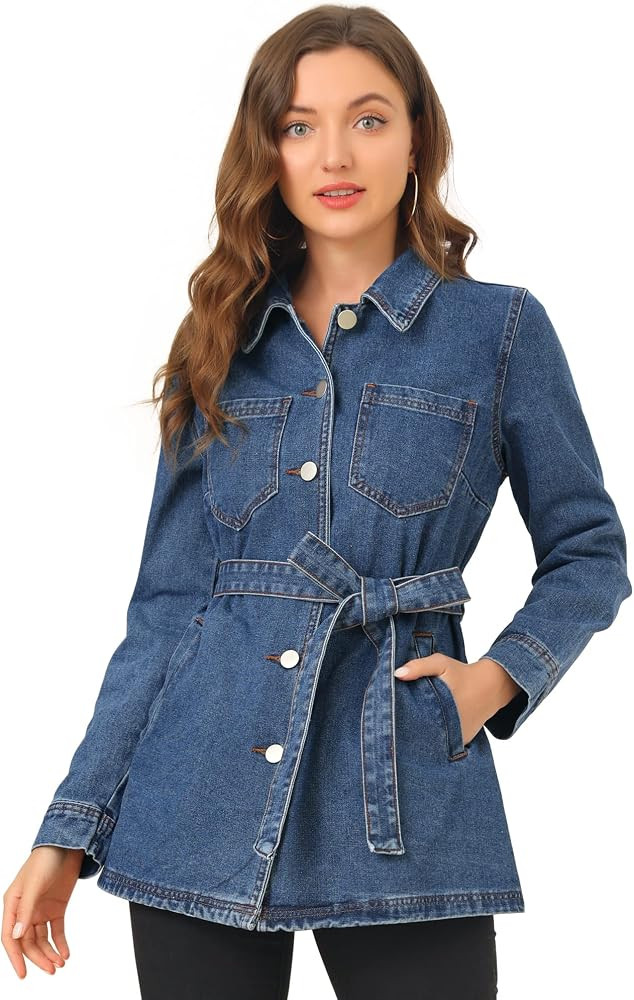 Allegra K Women's Casual Jean Jackets Long Sleeves Tie Waist Button Down Denim Jacket | Amazon (US)