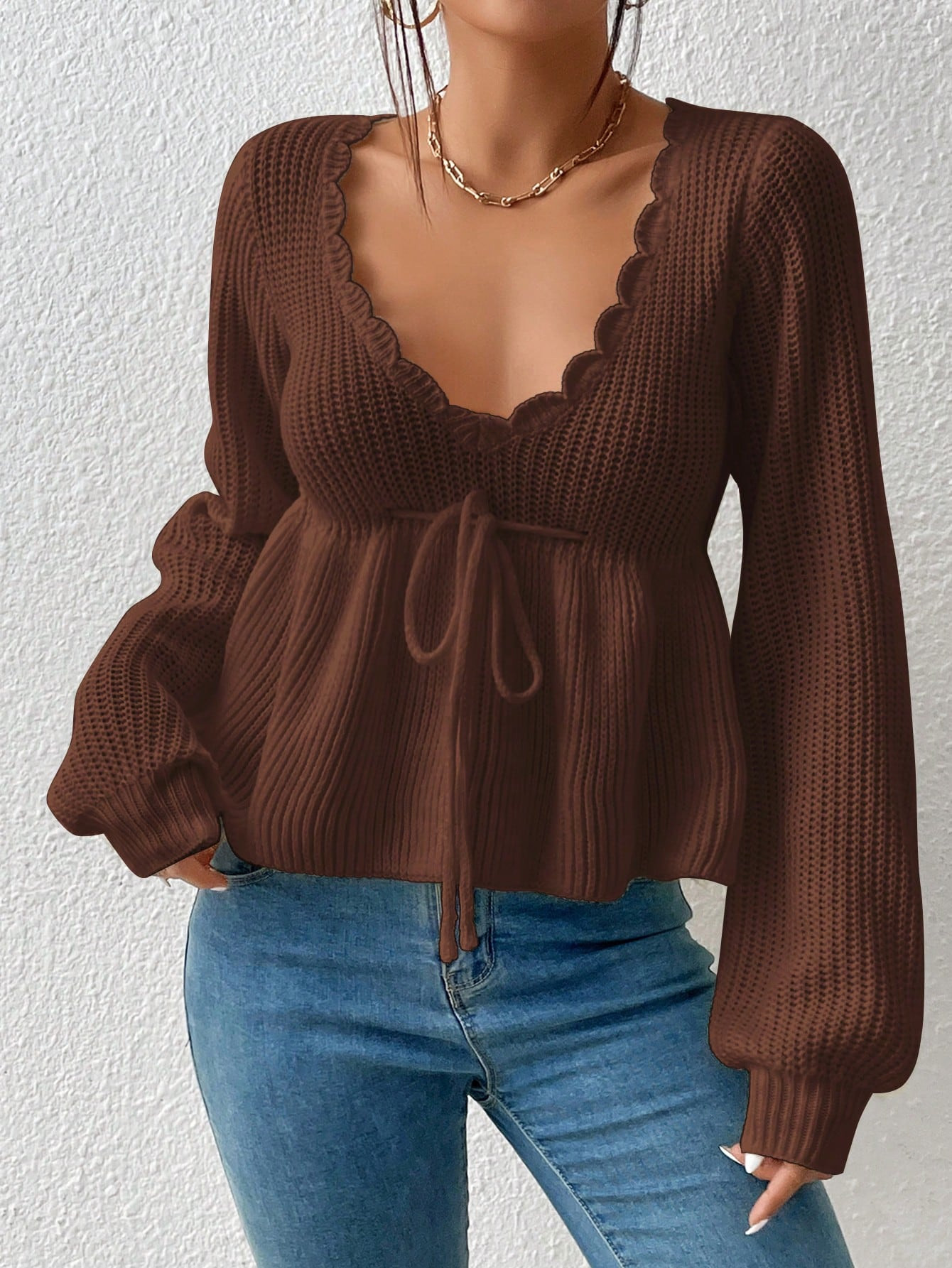 SHEIN Clasi Plus Size Lantern Sleeve Ruffle Collar Cinched Waist Sweater | SHEIN USA | SHEIN
