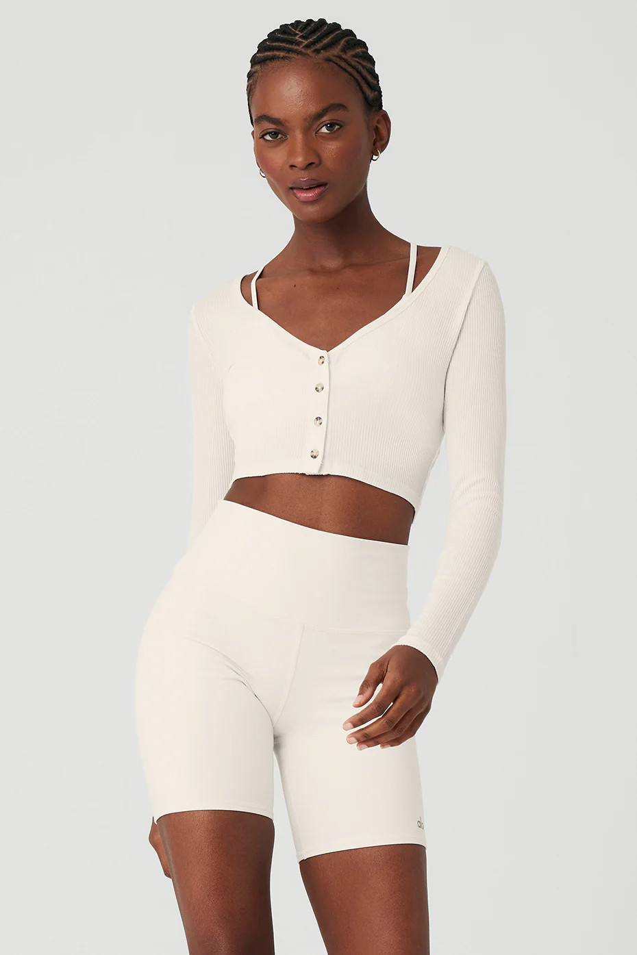 Alo YogaÂ® | Ribbed Cropped Whisper Cardigan Sweatshirt in Ivory White, Size: Medium | Alo Yoga (US)