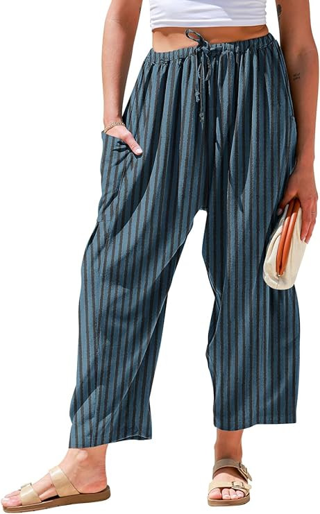 TARSE Womens Linen Wide Leg Pants Casual Loose Drawstring Summer 2025 Beach Travel Vacation Palaz... | Amazon (US)