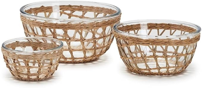 Two's Company Island Chic Set of 3 Borosilicate Glass Bowls w/Hand-Woven Lattice | Amazon (US)