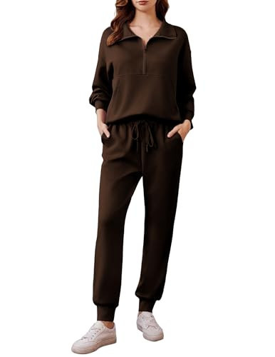 PINSPARK Travel Outfits for Women 2025 2 Piece Matching Sets Long Sleeve Tracksuits Lounge Set Half Zip Jogger Sets with Pockets,Espresso Brown Large | Amazon (US)
