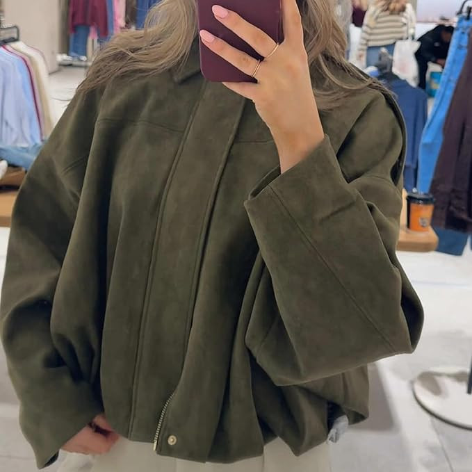 Womens Faux Suede Bomber Jackets Oversized Lapel Collar Long Sleeve Coats Casual Fall Winter Stre... | Amazon (US)