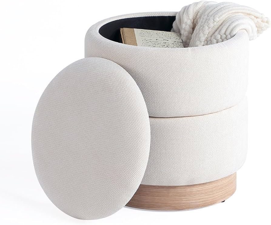 Get Set Style Round Ottoman with Storage, Modern Linen Ottoman Upholstered Foot Stools with Wood ... | Amazon (US)
