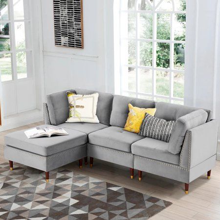 Sofa Sectional on Sale Velvet Sofa with Ottoman for Home Office Sectional Couch with Ottoman - Gray | Walmart (US)