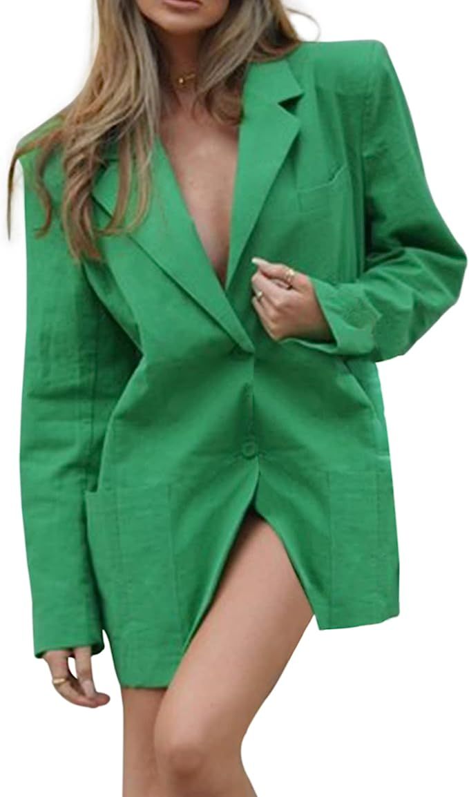 Meladyan Women Shoulder Pad Oversized Linen Blazer Notch Lapel V Neck Casual Open Button Front Ja... | Amazon (US)