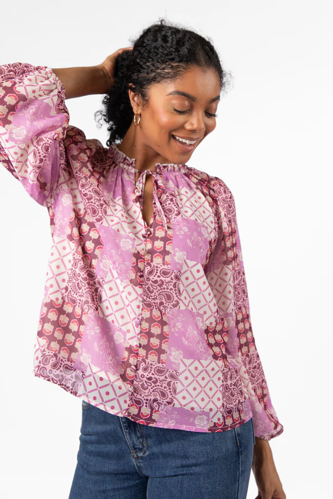 Fade Into You Purple Multi Button Detail Printed Blouse | Pink Lily