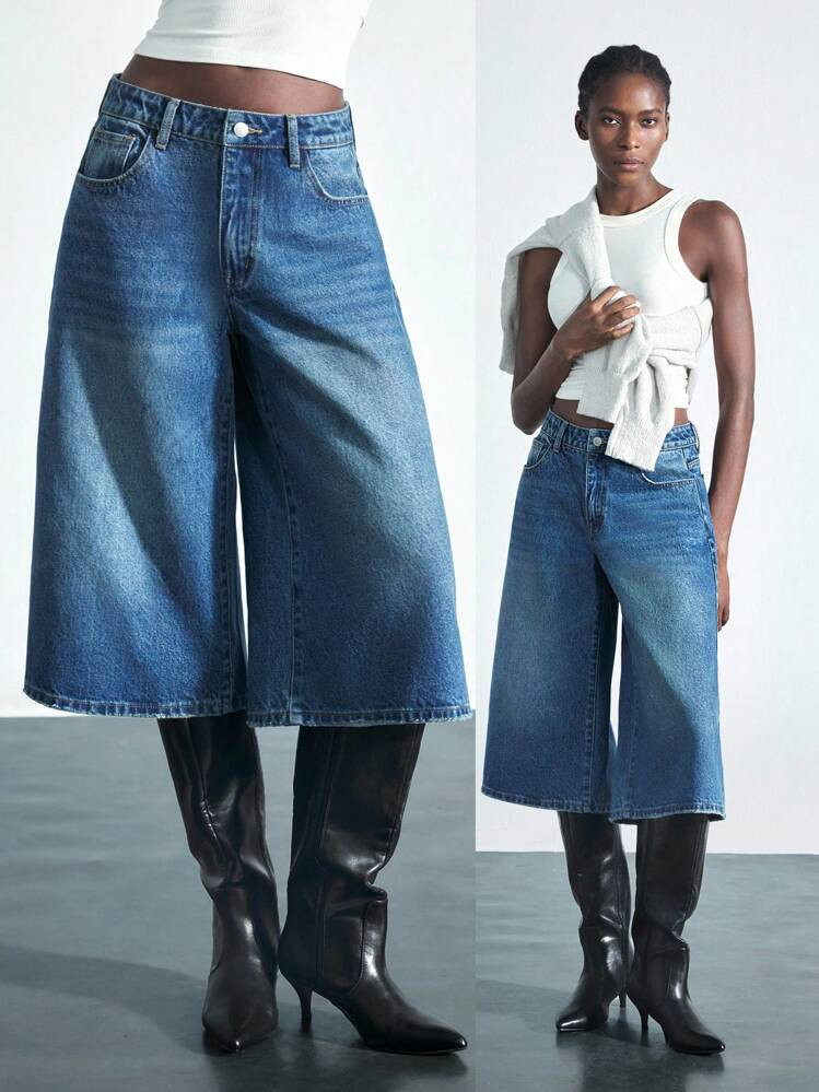 SHEIN x Rafa Kalimann Maija Women's Blue Denim Cropped Pants Low Waist Bermuda Casual French Style Autumn And Winter Wear | SHEIN