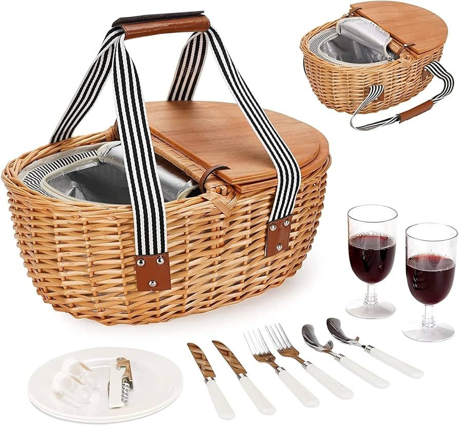 picnic basket Wicker Picnic Basket Set For 2 With Double Wooden Lids & Handles, Country Style Pic... | Amazon (US)