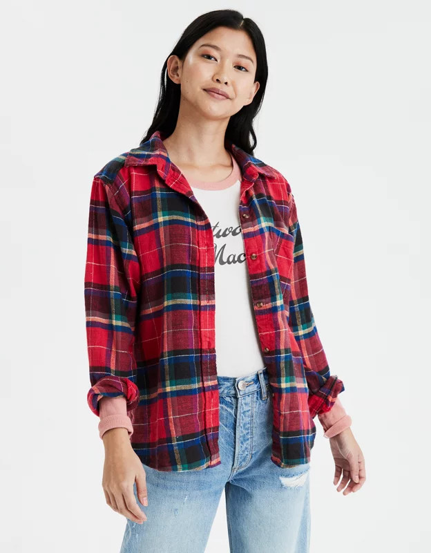 AE Ahh-Mazingly Soft Boyfriend Plaid Shirt | American Eagle Outfitters (US & CA)