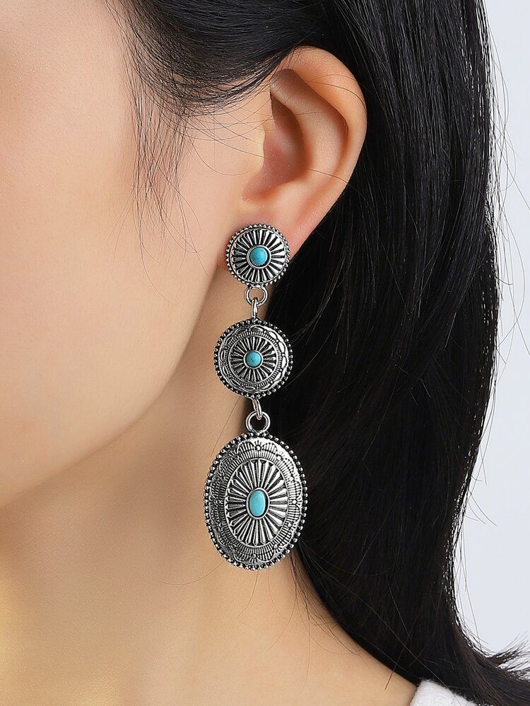 Turquoise & Oval Decor Drop Earrings | SHEIN
