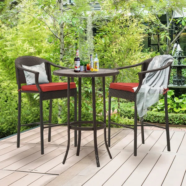 3-Piece Patio Wicker Height Bar Set w/ Barstools, Metal Top Table for Backyard, Poolside, Balcony | Wayfair North America