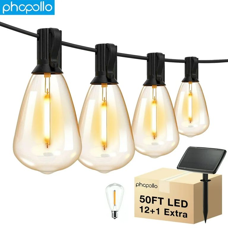 PHOPOLLO ST38 50ft Solar Outdoor String Lights, Waterproof Led Patio Lights with 12+1 Shatterproo... | Walmart (US)