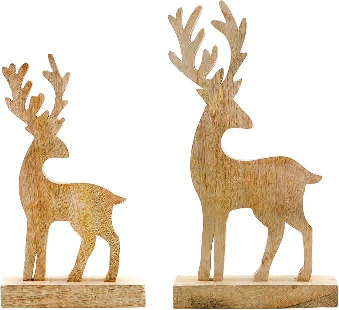AuldHome Design Wooden Reindeer Christmas Statues (Set of 2); Primitive Style Mango Wood Holiday ... | Amazon (US)