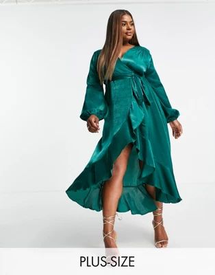 Flounce London Plus long sleeve wrap maxi dress in emerald | ASOS (Global)