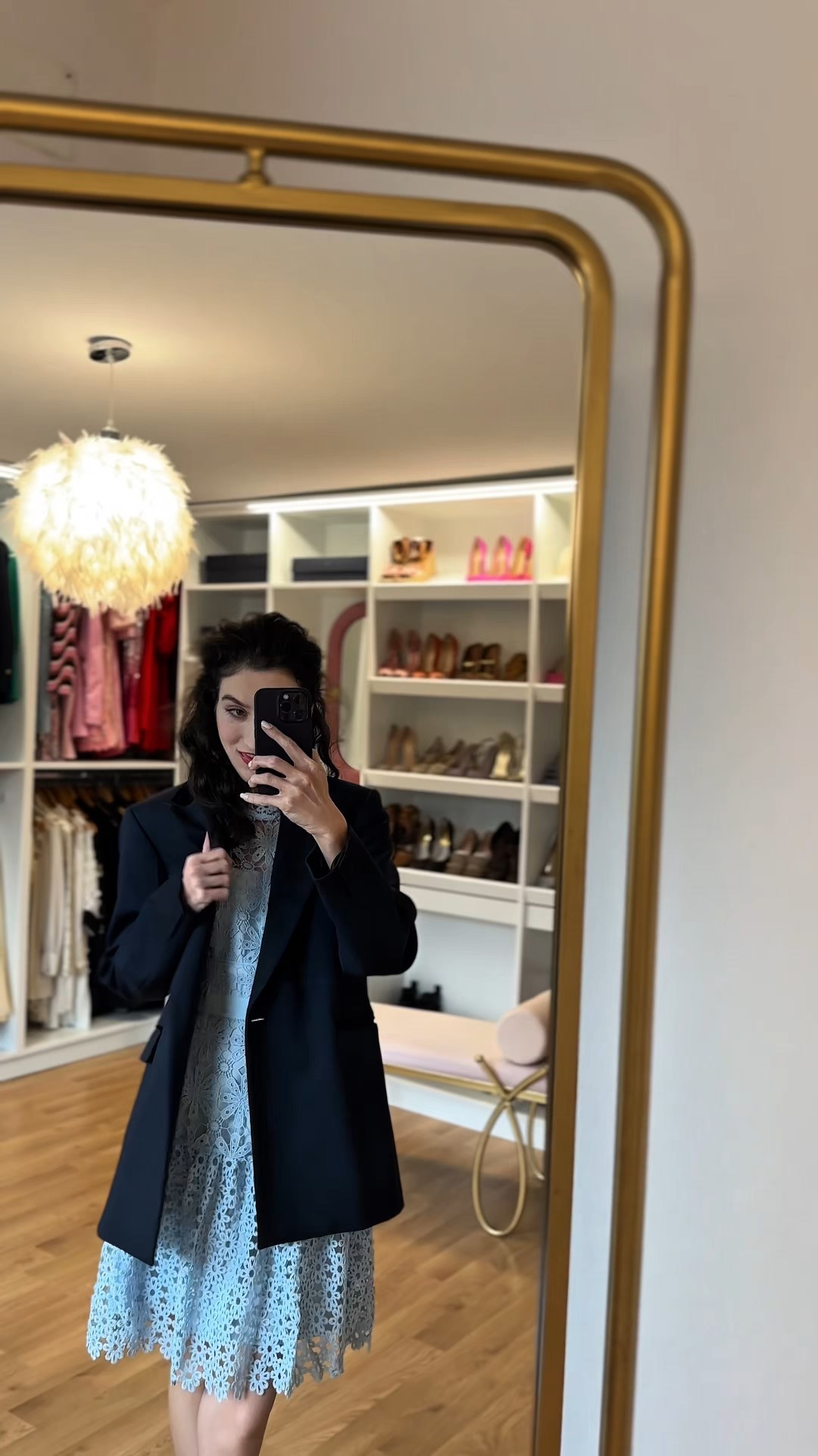 Church wedding guest dress, church wedding guest outfit, blue lace dress, short lace dress with blazer, blazer on short dress, spring wedding, layers, cold wedding day outfit, high heels with short dress, self portrait dress, navy blazer, oversized blazer, outfit for christening, godmother outfit

#LTKParties #LTKWedding #LTKPetite