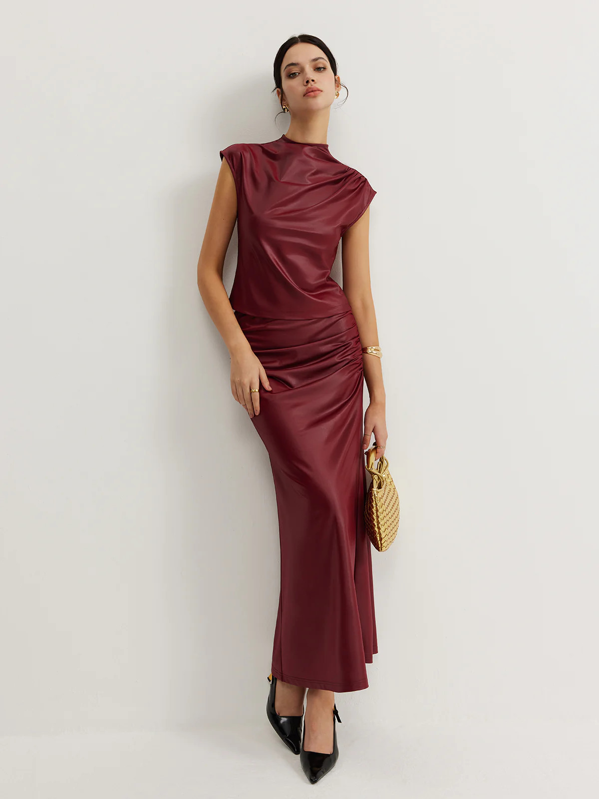 Plain Sleeveless Ruched Skirt Set | Commense