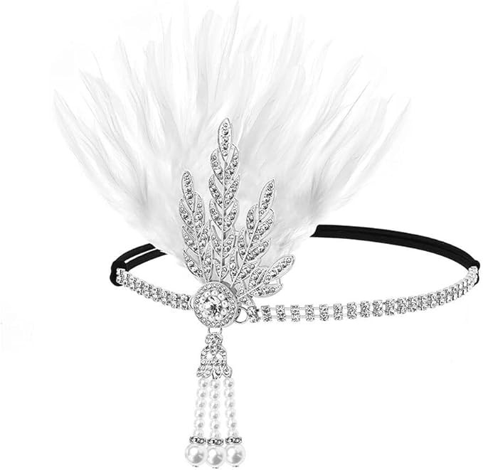 1920s Flapper Headpiece Roaring 20s Feather Headband Great Chain Hair Accessories Vintage Wedding... | Amazon (US)