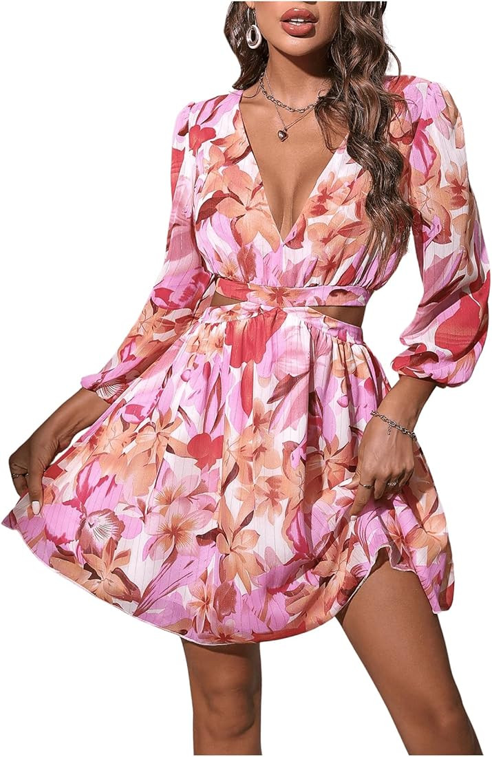 MakeMeChic Women's Floral Dress Deep V Neck Lantern Sleeve Cut Out A Line Elegant Mini Dresses | Amazon (US)