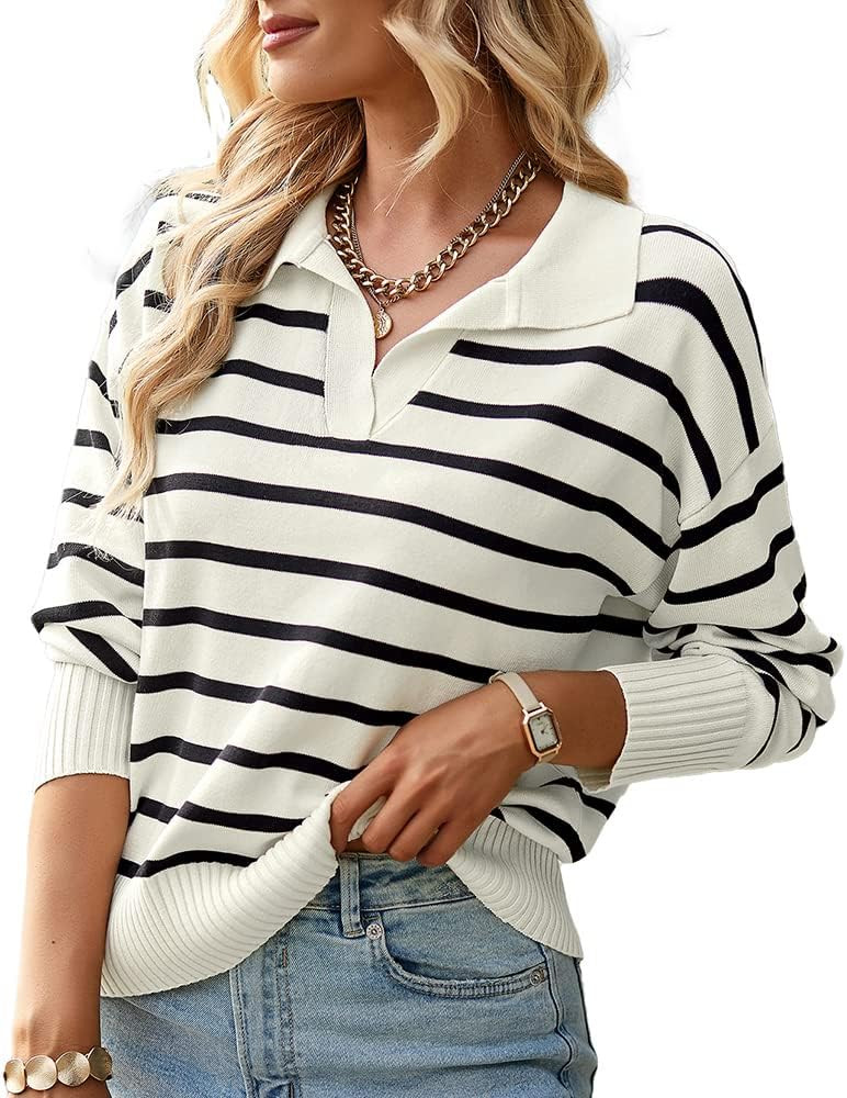 Women's Lightweight Striped Loose Sweater Polo V Neck Knitted Lapel Shirt Casual Color Block Top ... | Amazon (US)
