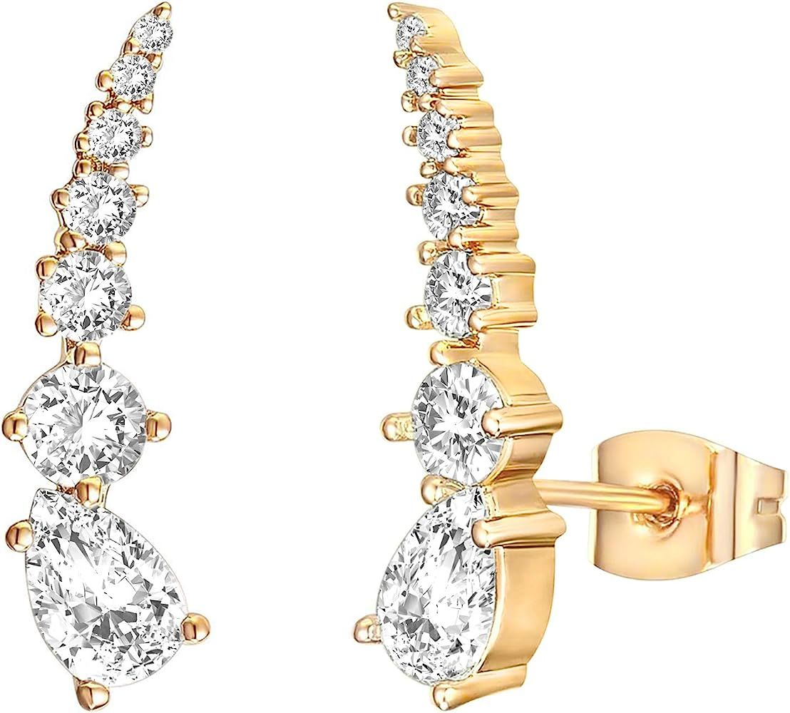 PAVOI 14K Gold Plated Cubic Zirconia Ear Crawler Earrings - Faux Diamond Arrow Ear Climber Fashio... | Amazon (US)