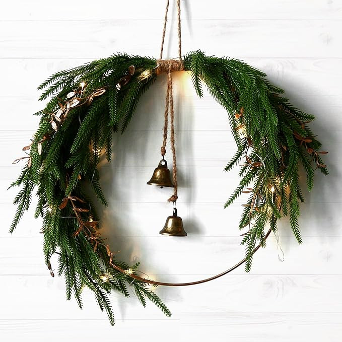 Norfolk Pine Christmas Wreath with Light and Bell 13.7'' Christmas Front Door Wreath Farmhouse Wi... | Amazon (US)