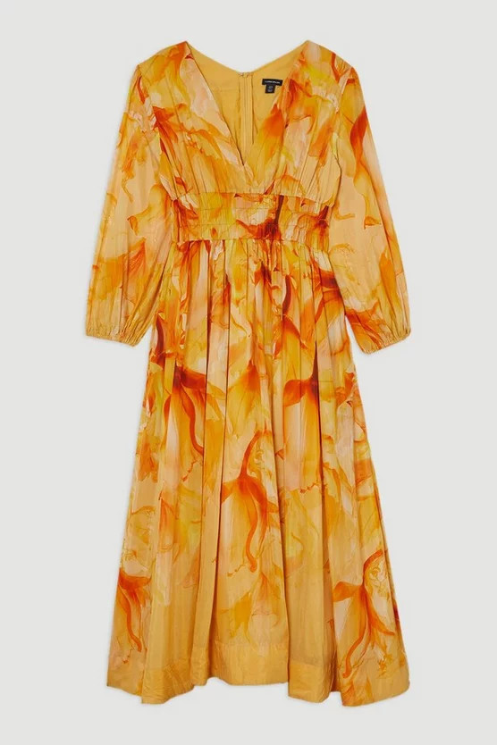 Ombre Floral Silk Cotton Plunge Maxi Dress | Karen Millen | Karen Millen UK + IE + DE + NL