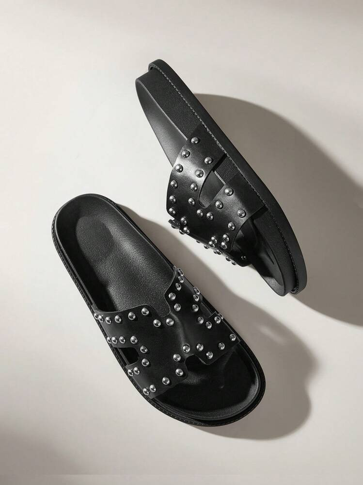 Solecia Women's Fashion Black Simple Metal Stud Decor Thick Sole Mules, Comfortable Slip-On For Commute, Date, Party, Stylish For Christmas | SHEIN