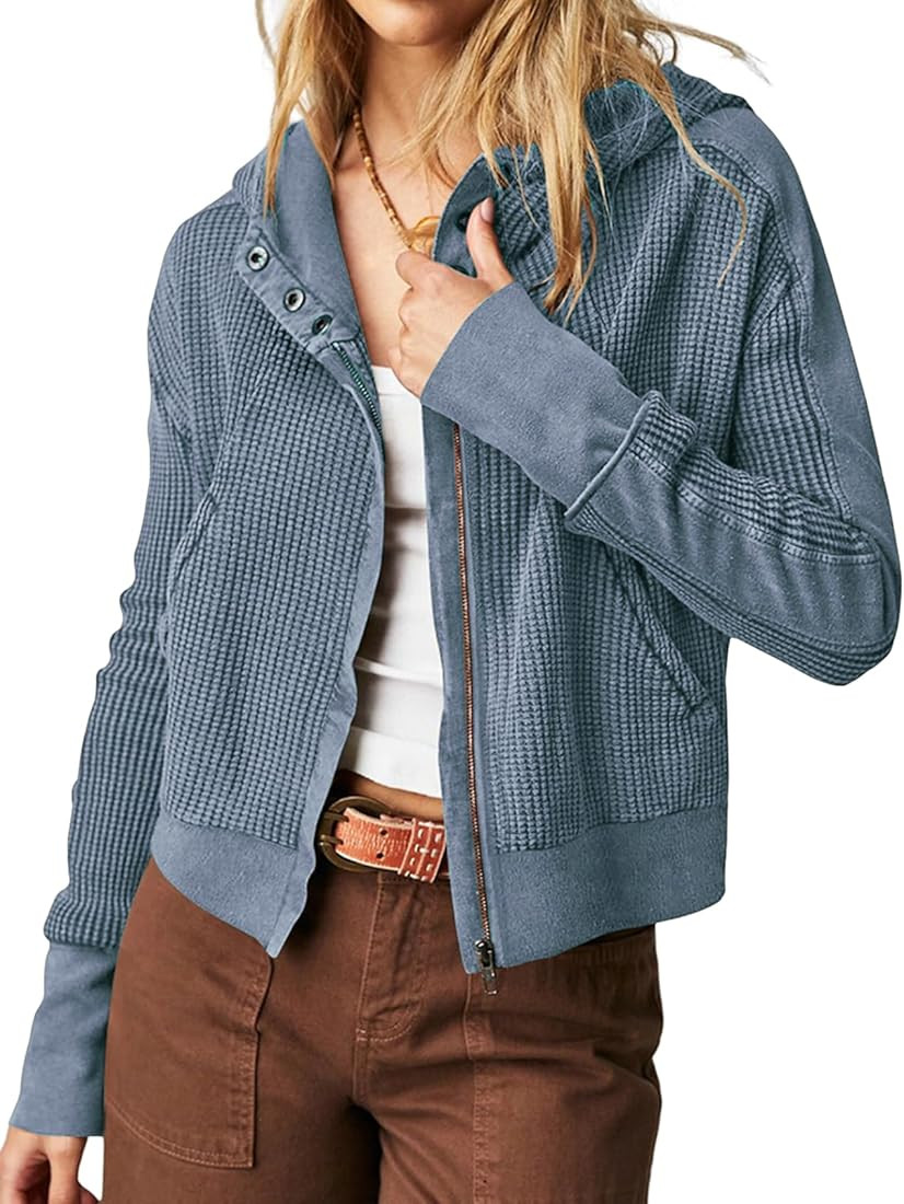 Yimoon Women's Waffle Knit Jacket Oversized Zip Up Hoodies Casual Long Sleeve Shacket Tops with P... | Amazon (US)