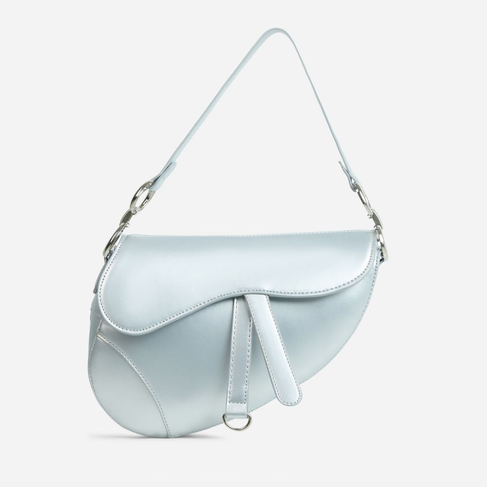 Issy Ring Detail Shaped Cross Body Saddle Bag In Silver Faux Leather | EGO (UK)