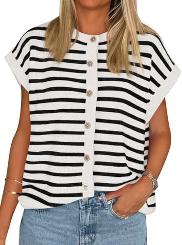 Cicy Bell Womens Striped Cap Sleeve Sweater Vest Button Down Cardigan Tops | Crew Neck, Short sle... | Amazon (US)