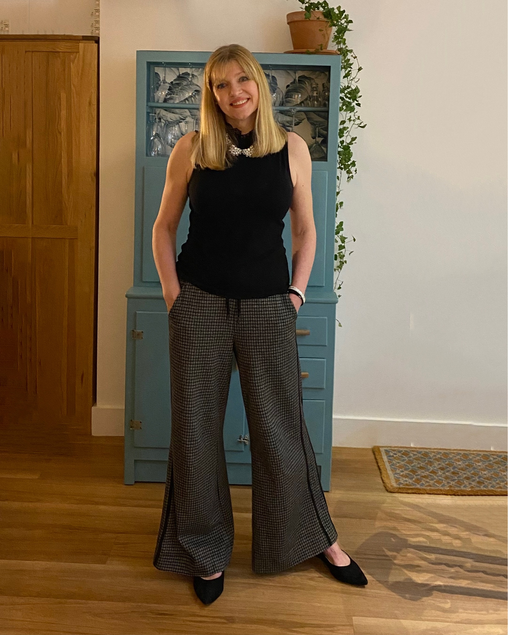 Me and Em black too with frill collar. Me + Em ponte jersey wide leg pants. 

#LTKunder100 #LTKeurope #LTKSeasonal
