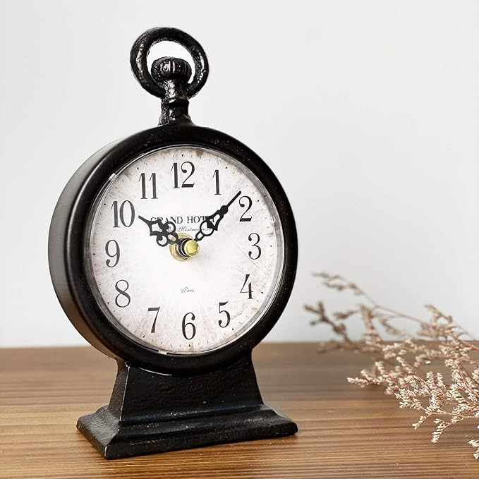 JUMBO DECOR Vintage Black Cast Iron Table Clock on Stand,Decorative Metal Desk and Shelf Clock,Ru... | Amazon (US)