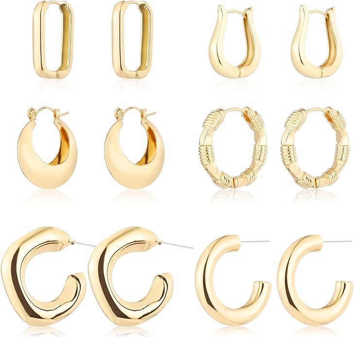 6 Pairs 14K Gold Hoop Earrings for Women Lightweight Chunky Hoop Earrings Multipack Hypoallergeni... | Amazon (US)