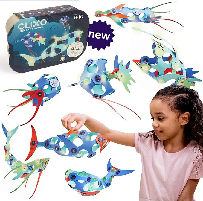 Clixo Ocean Creatures Pack - Glow-in-The-Dark Magnetic Building Toy - 24 Flexible Magnet Pieces f... | Amazon (US)
