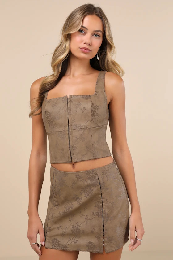 Coveted Brown Floral Vegan Leather Mini Skirt | Lulus