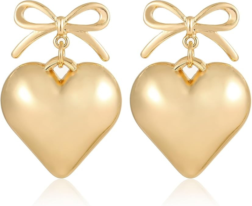 Valentines Day Earrings Gold Bow Heart Earrings for Women, Trendy 18K Gold Plated Stud Earrings C... | Amazon (US)