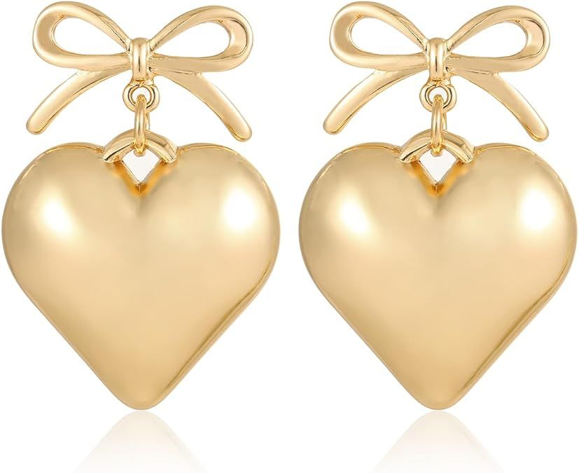 Valentines Day Earrings Gold Bow Heart Earrings for Women, Trendy 18K Gold Plated Stud Earrings C... | Amazon (US)