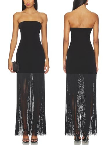 Women Strapless Fringe Bodycon Maxi Dress Gatsby Tube Dress with Tassels(L,Black) | Amazon (US)