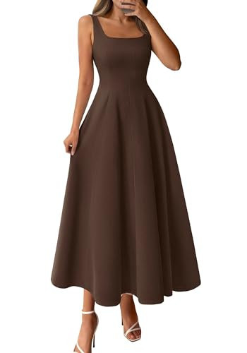 BTFBM Women Elegant Wedding Guest Dress Summer Square Neck Sleeveless Flowy A Line Formal Cocktail Party Maxi Dresses(Brown, Medium) | Amazon (US)