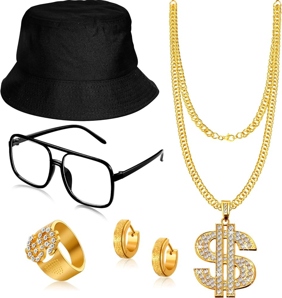 5 PCS Hip Hop Costume Kit Bucket Hat Sunglasses Dollar Sign Chain Ring Earring | Amazon (US)
