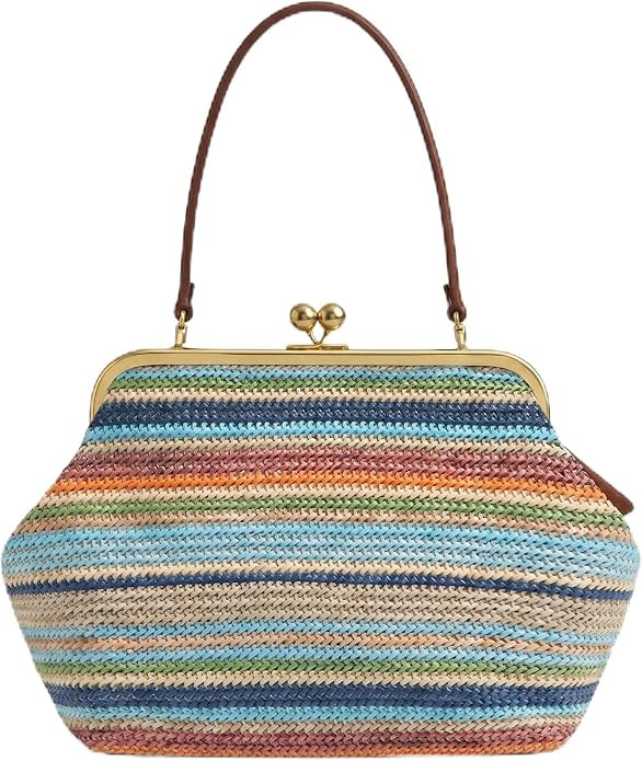 Kiss-lock Bag for Women Large Woven Purse Retro Top Handle Handbag Kiss Clasp Shoulder Bag Tote P... | Amazon (US)