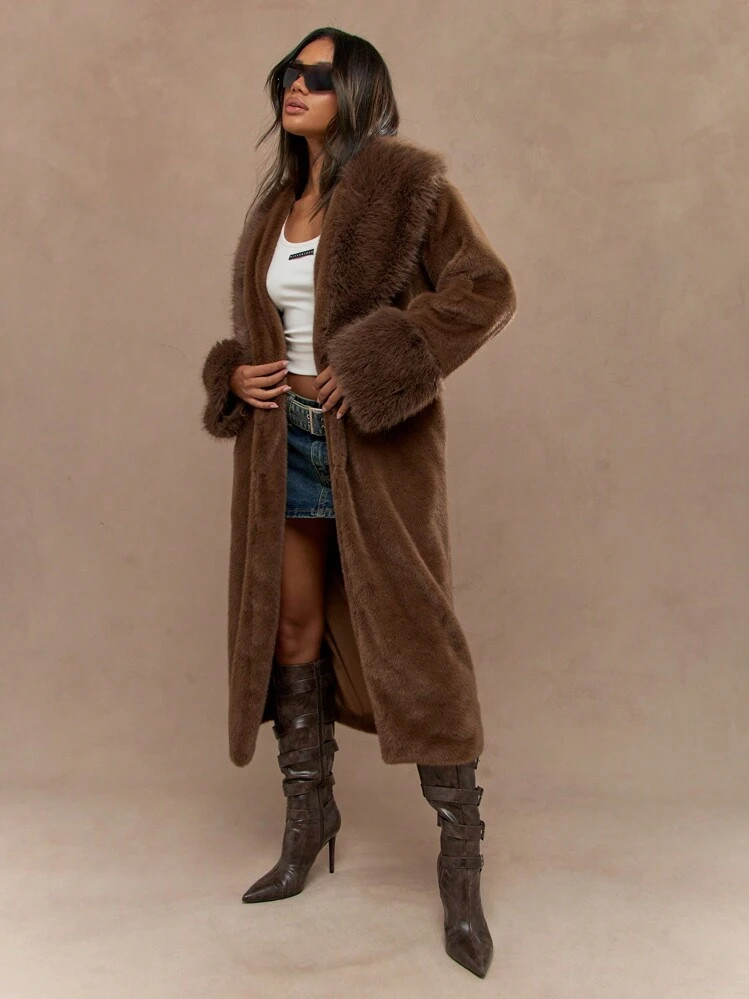 MISSGUIDED Fluffy Shawl Collar Cuff Detail Longline Coat Winter Wear | SHEIN
