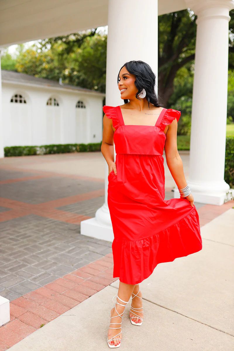BuddyLove | Beverly Ruffle Sleeve Midi Dress | Red | BuddyLove
