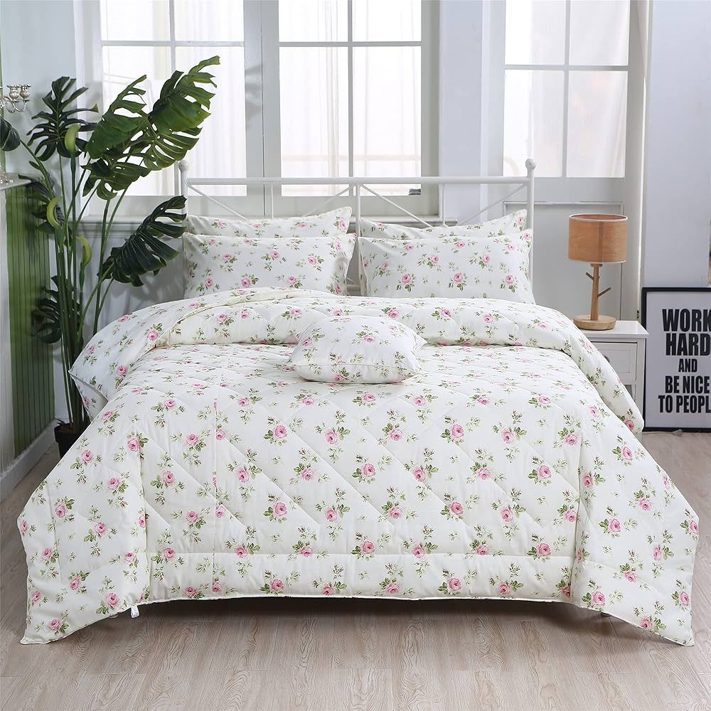 FADFAY 3Pcs Rosette Floral Comforter Set King Vintage Floral Summer Quilt 100% Cotton Fabric with... | Amazon (US)
