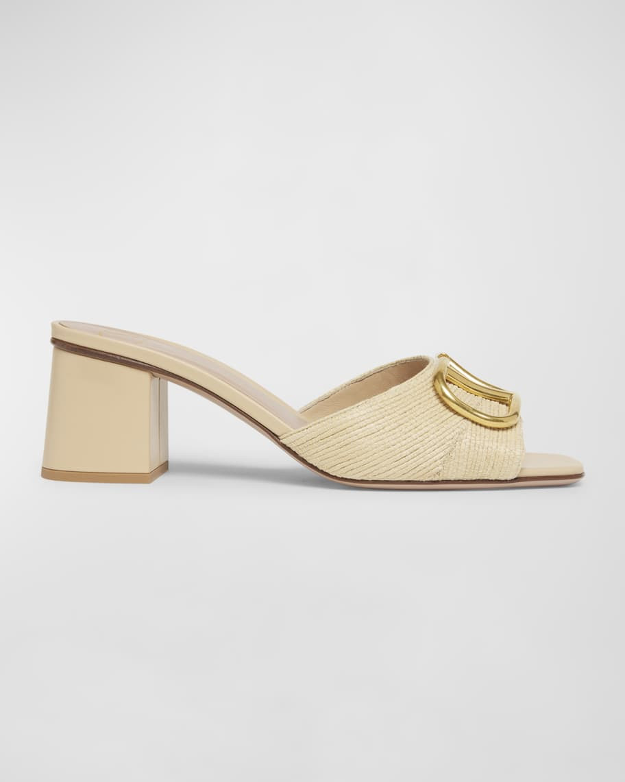 Valentino Garavani VLogo Medallion Raffia Slide Sandals | Neiman Marcus