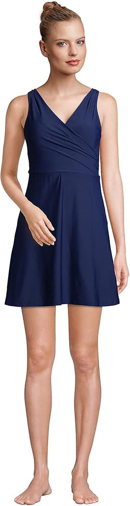 Lands' End Women's Tummy Control Surplice Wrap Swim Dress One Piece Swimsuit | Amazon (US)
