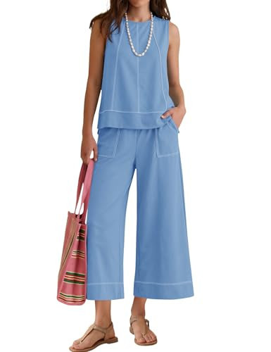 LOMON Pants Sets Women 2 Piece Outfits Sleeveless Round Neck Tank Tops Wide Leg Crop Pants with Pockets(Light Blue,M) | Amazon (US)